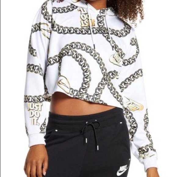 NWT Nike White Icon Clash Cropped Oversized Chain Print Hoodie - Picture 2 of 5